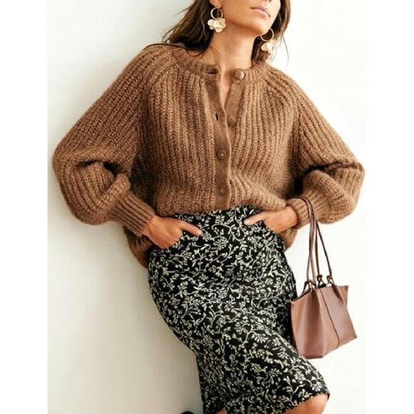 Chunky Knit Button Down Cardigan Sweater Open Front Loose Fit - Picture 3 of 8